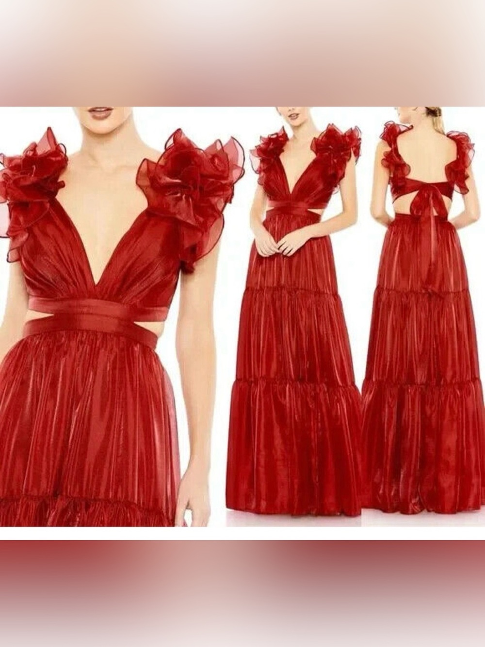 Elegant Red Ruffle-Sleeve Maxi Dress
